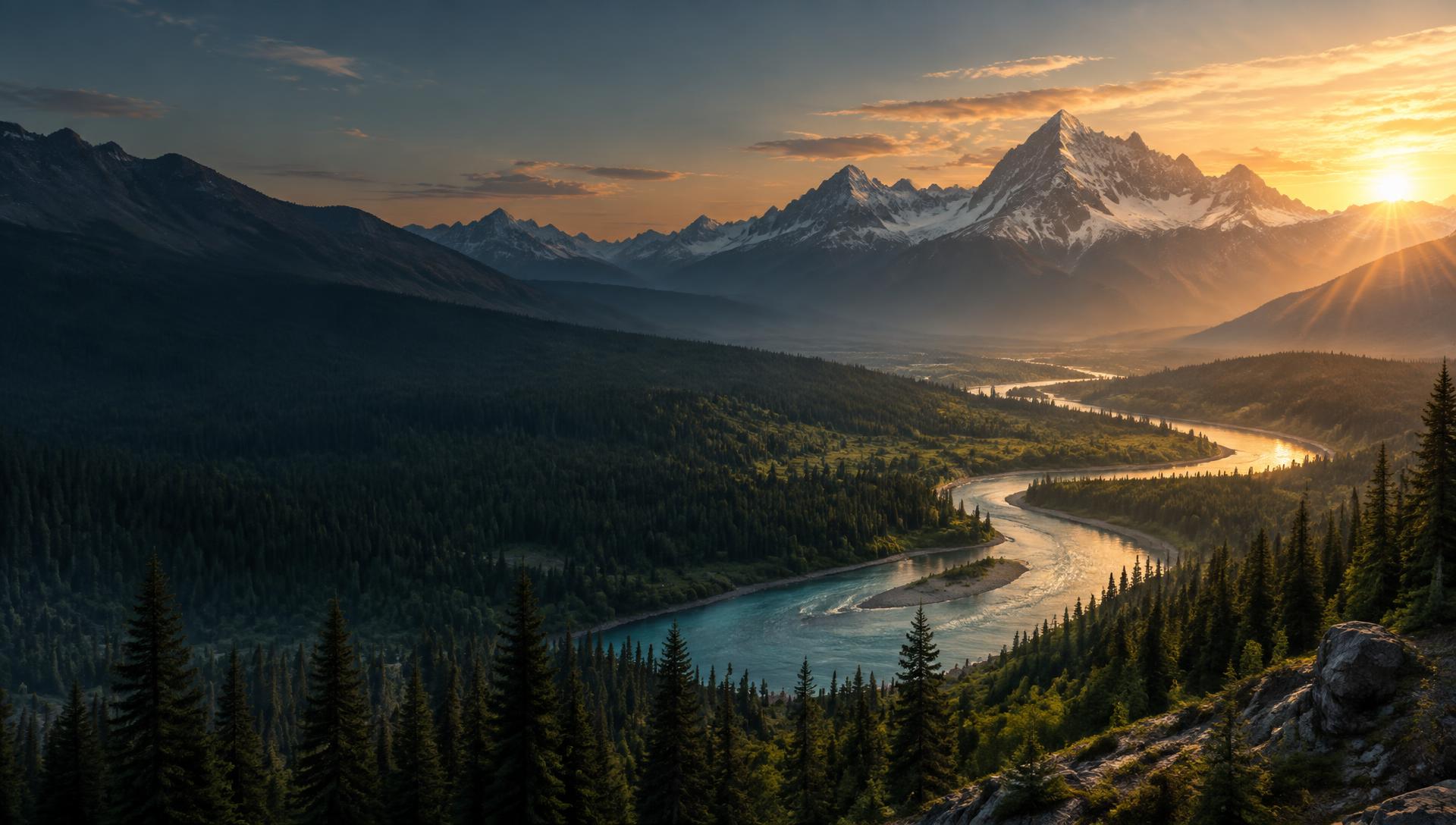 A river winding through an evergreen mountain valley at sunrise